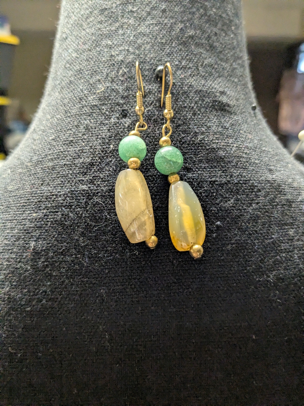 Green and Amber Bead Drop Earrings - Unbranded